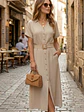 Vestido Camisero Midi Mujer Beige con Cinturón - Miniatura 2