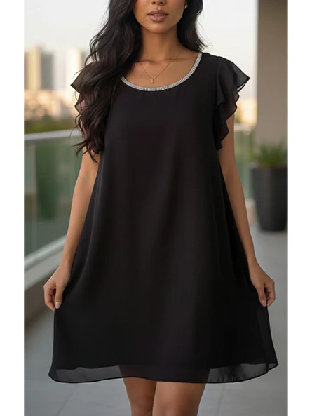 Vestido Negro Mujer de Gasa con Brillos de Fiesta 3