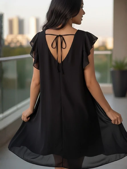 Vestido Negro Mujer de Gasa con Brillos de Fiesta 1
