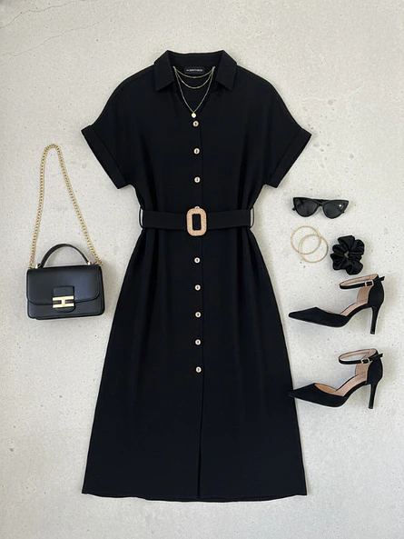 Vestido Camisero Midi Negro con Cinturón Primavera Verano 1