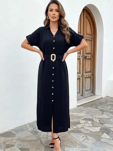 Vestido Camisero Midi Negro con Cinturón Primavera Verano 2