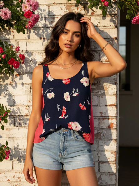 Polera Azul Mujer con Estampado Floral 1