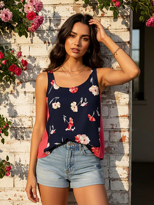 Polera Mujer Azul con Estampado Flores | Carobaska