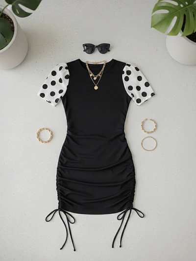Vestido Negro Mujer Drapeado con Mangas de Lunares estilo Polka Dot