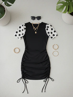 Vestido Negro Mujer Drapeado con Mangas de Lunares | Carobaska