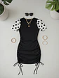 Vestido Negro Mujer Drapeado con Mangas de Lunares estilo Polka Dot - Miniatura 7