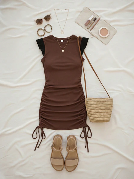 Vestido Café Mujer Drapeado con Mangas Plisadas  6