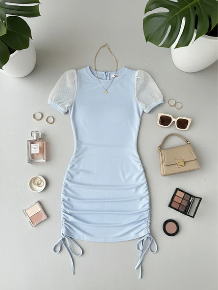 Vestido Celeste Mujer Drapeado con Mangas de Tul 3