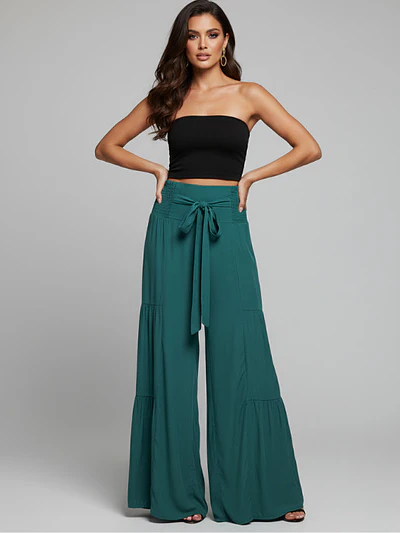 Pantalón Palazzo Verde Esmeralda Mujer Tiro Alto