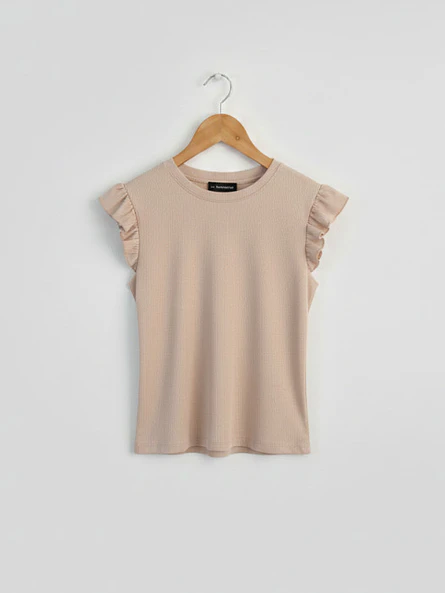 Polera Básica Beige Mujer Rib con Vuelos 4