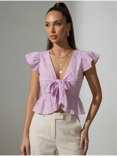 Top Lila Mujer con Broderie y Amarras