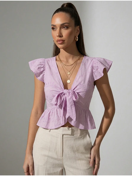Top Lila Mujer con Broderie y Amarras 1