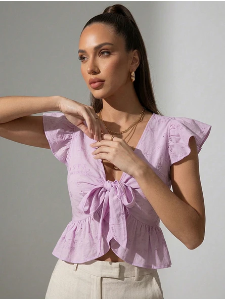 Top Lila Mujer con Broderie y Amarras 3