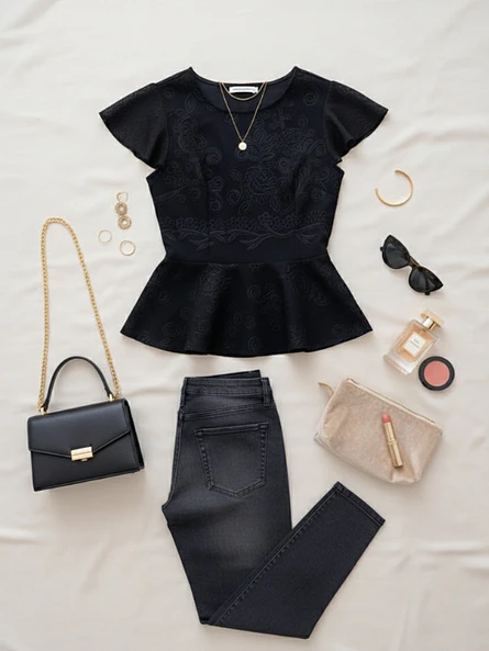 Polera Peplum Negra Mujer con Mangas Plisadas | Carobaska 3