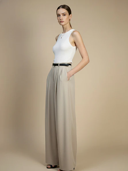 Pantalón Palazzo Beige Mujer con Pinzas 1