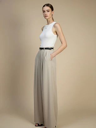 Pantalón Palazzo con pinzas Mujer Beige | Carobaska