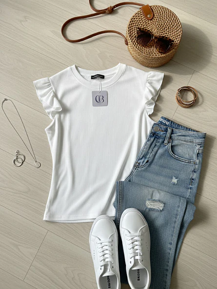 Polera Básica Blanca Mujer Rib con Vuelos 3