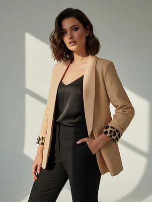 Blazer Beige Mujer con Detalle Animal Print | Carobaska