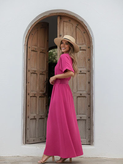 Vestido Camisero Midi Fucsia con Cinturón Primavera Verano