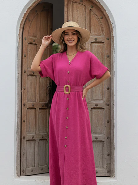 Vestido Camisero Midi Fucsia con Cinturón Primavera Verano 2