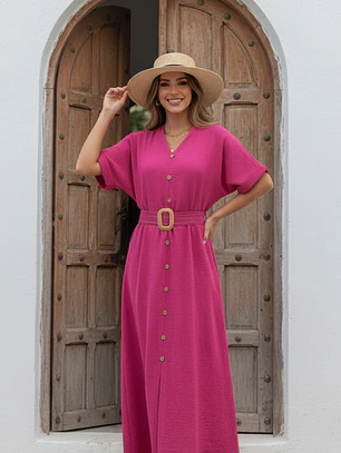 Vestido Camisero Midi Fucsia con Cinturón Primavera Verano