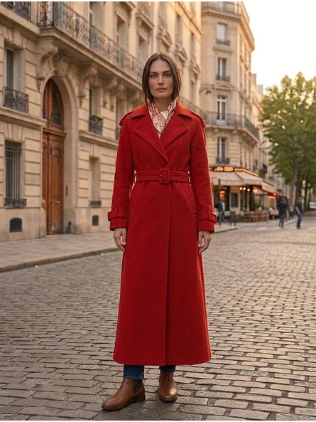 Abrigo Largo Rojo Mujer de Paño Lana con Cinturón 1