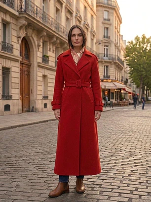 Abrigo Largo Rojo Mujer de Paño Lana con Cinturón