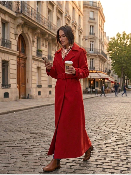 Abrigo largo rojo mujer de paño de lana con cinturón elegante invierno 2026