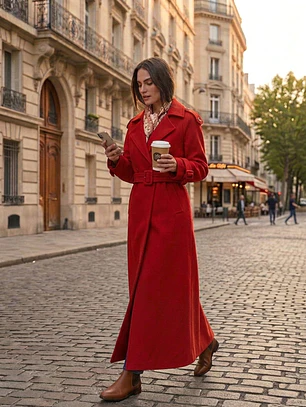 Abrigo Largo Rojo Mujer de Paño Lana con Cinturón