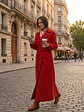 Abrigo Largo Rojo Mujer de Paño Lana con Cinturón - Miniatura 2