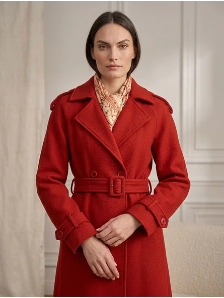 Abrigo Largo Rojo Mujer de Paño Lana con Cinturón 4