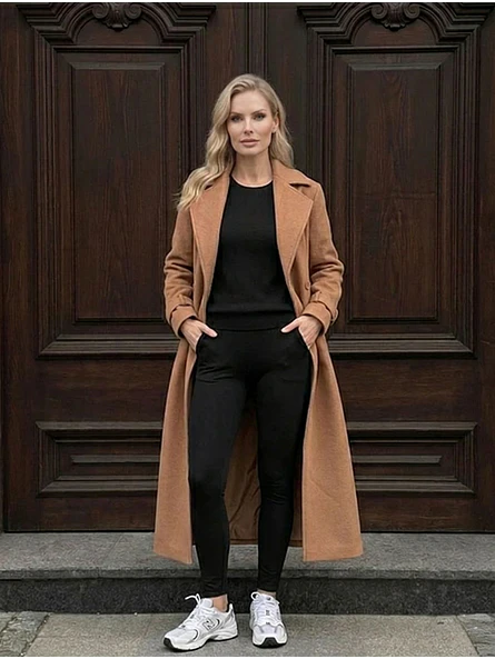 Abrigo Largo Beige Mujer de Paño Lana con Cinturón 4