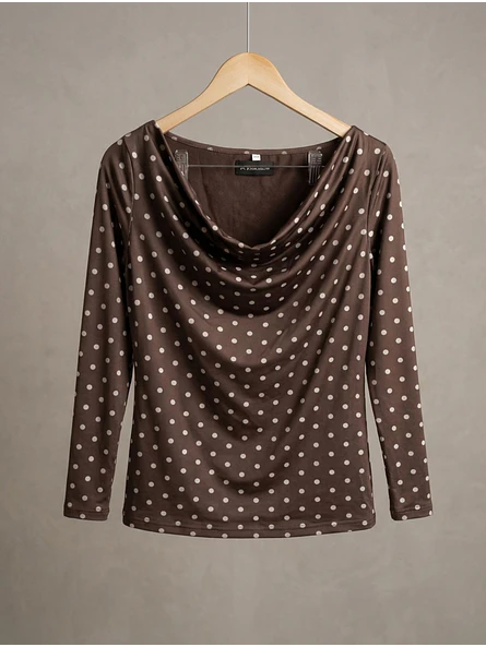 Polera Lunares Café Cuello Drapeado Manga Larga 4