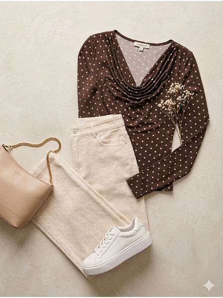 Polera Lunares Café Cuello Drapeado Manga Larga 6