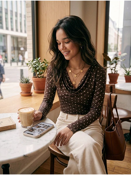 Polera Lunares Café Cuello Drapeado Manga Larga 7