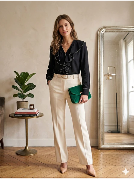 Blusa Negra con Volantes en Cascada y Ribete en Contraste 6