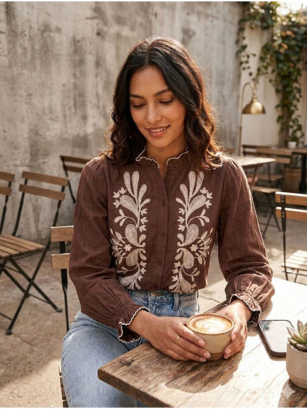 Blusa Café con Bordado Floral y Manga Abullonada 2