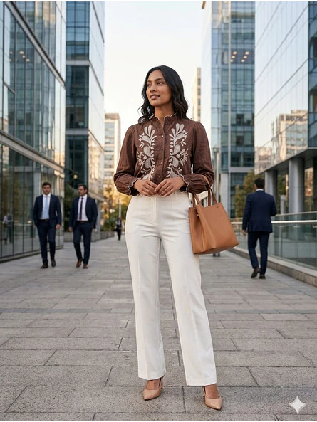 Blusa Café con Bordado Floral y Manga Abullonada 4