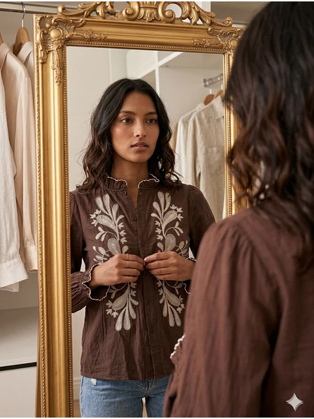 Blusa Café con Bordado Floral y Manga Abullonada 5