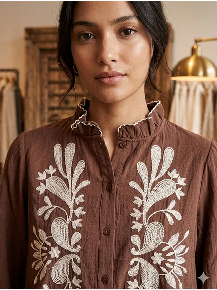 Blusa Café con Bordado Floral y Manga Abullonada 6