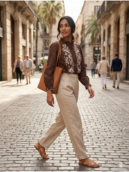 Blusa Café con Bordado Floral y Manga Abullonada 5