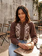 Blusa Café con Bordado Floral y Manga Abullonada - Miniatura 2