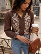 Blusa Café con Bordado Floral y Manga Abullonada - Miniatura 1
