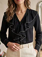 Blusa Negra con Volantes en Cascada y Ribete en Contraste - Miniatura 1