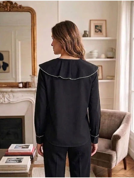 Blusa Negra con Volantes en Cascada y Ribete en Contraste 4