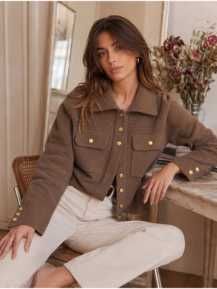 Chaqueta Lanilla Mujer Café Botones Dorados Invierno 2026 1