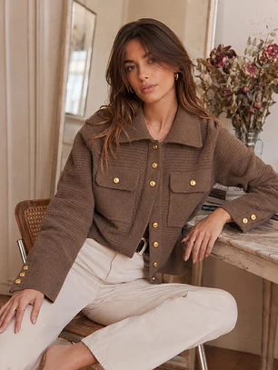 Chaqueta Lanilla Mujer Café Botones Dorados Invierno 2026