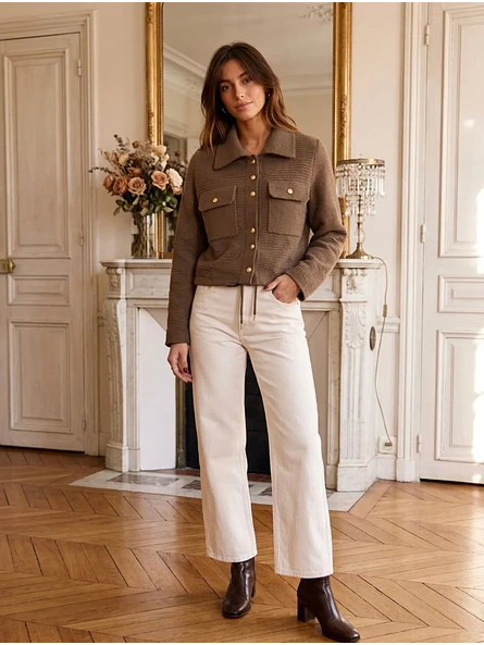 Chaqueta Lanilla Mujer Café Botones Dorados Invierno 2026 4