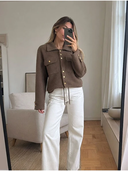 Chaqueta Lanilla Mujer Café Botones Dorados Invierno 2026 5