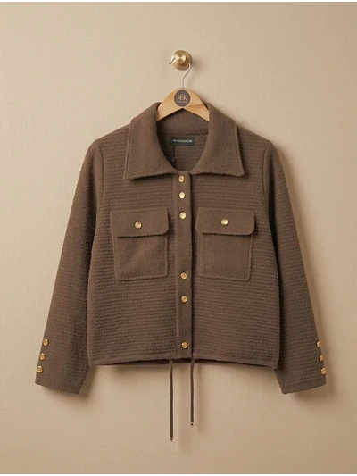 Chaqueta Lanilla Mujer Café Botones Dorados Invierno 2026